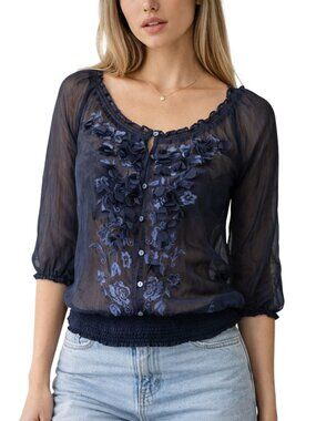 Y2K Abercrombie & Fitch Sheer Navy Floral Embroidered Blouse Medium Boho Romanti